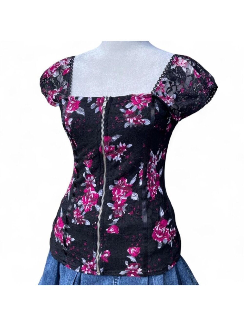 Y2K corset style floral top with lacy and zip up details